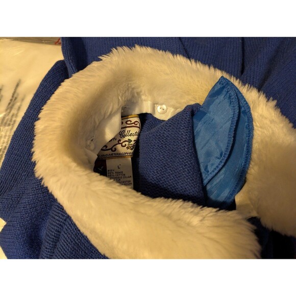 Heirloom Collections Blue Snowman Cardigan Sweater Faux Fur Collar Size Large - Picture 9 of 9